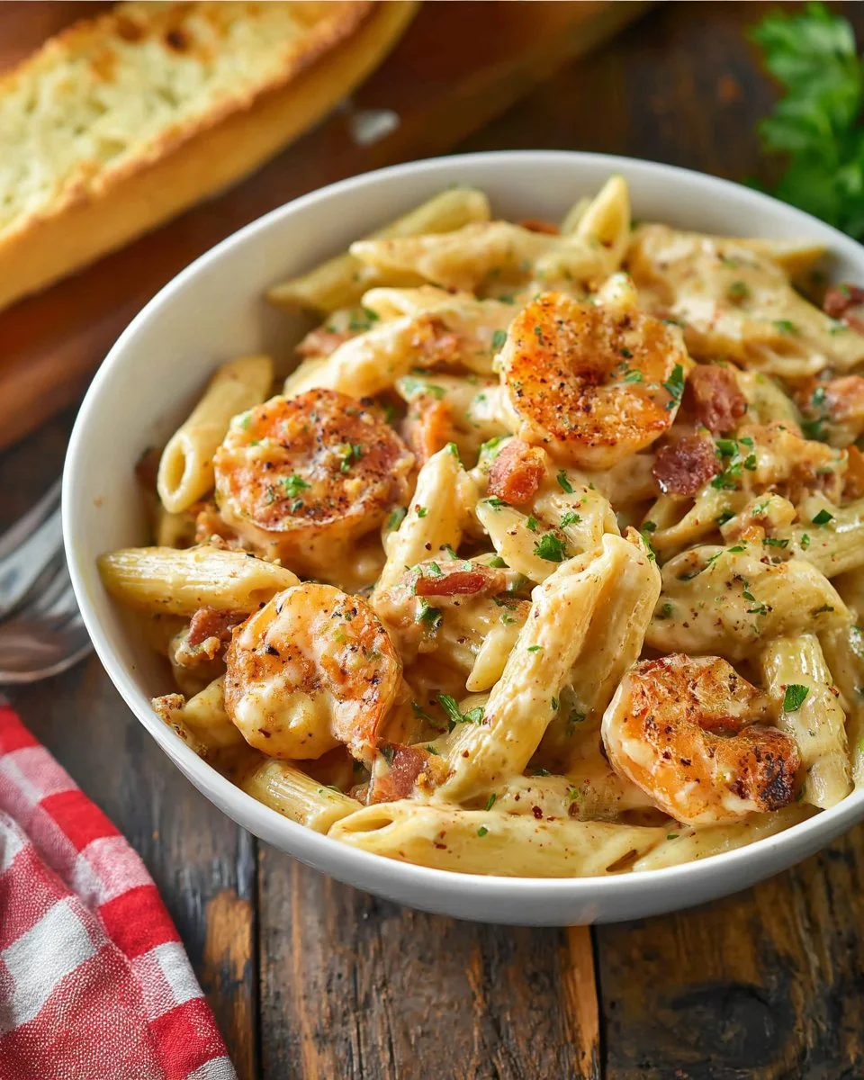 A bowl of creamy garlic shrimp pasta garnished with parsley and served with a side of bread.