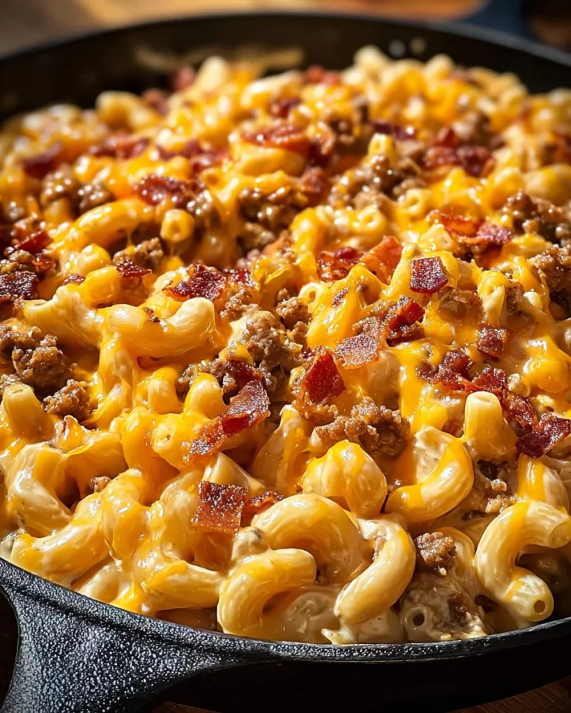 Creamy loaded bacon cheeseburger alfredo pasta dish topped with crispy bacon.
