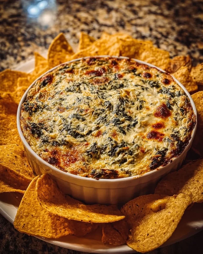 Creamy spinach and artichoke dip served in a bowl with bread for dipping