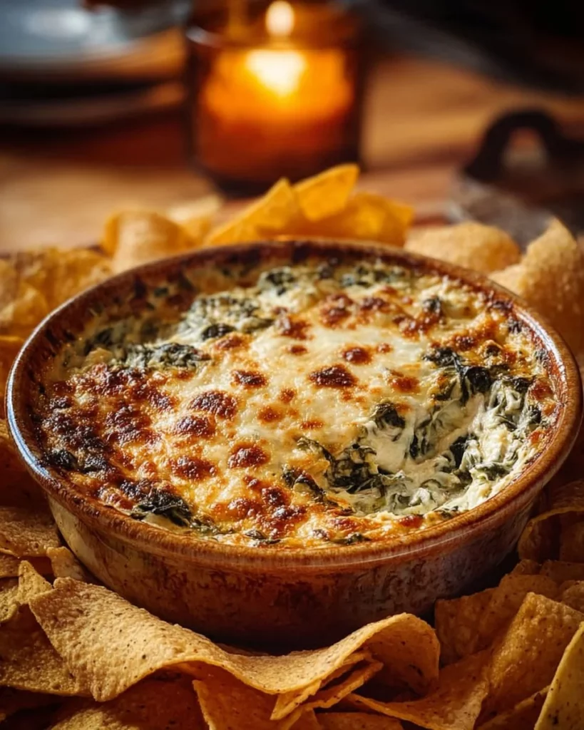 Creamy spinach artichoke dip served in a bowl with tortilla chips