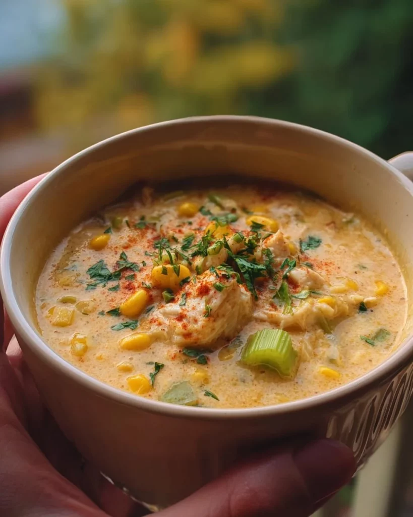 Bowl of Creole Crab and Corn Chowder garnished with herbs