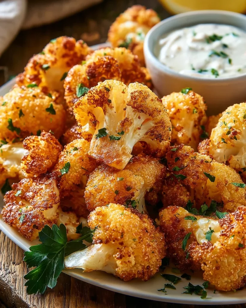 Crispy baked cauliflower bites ready to serve as a healthy snack