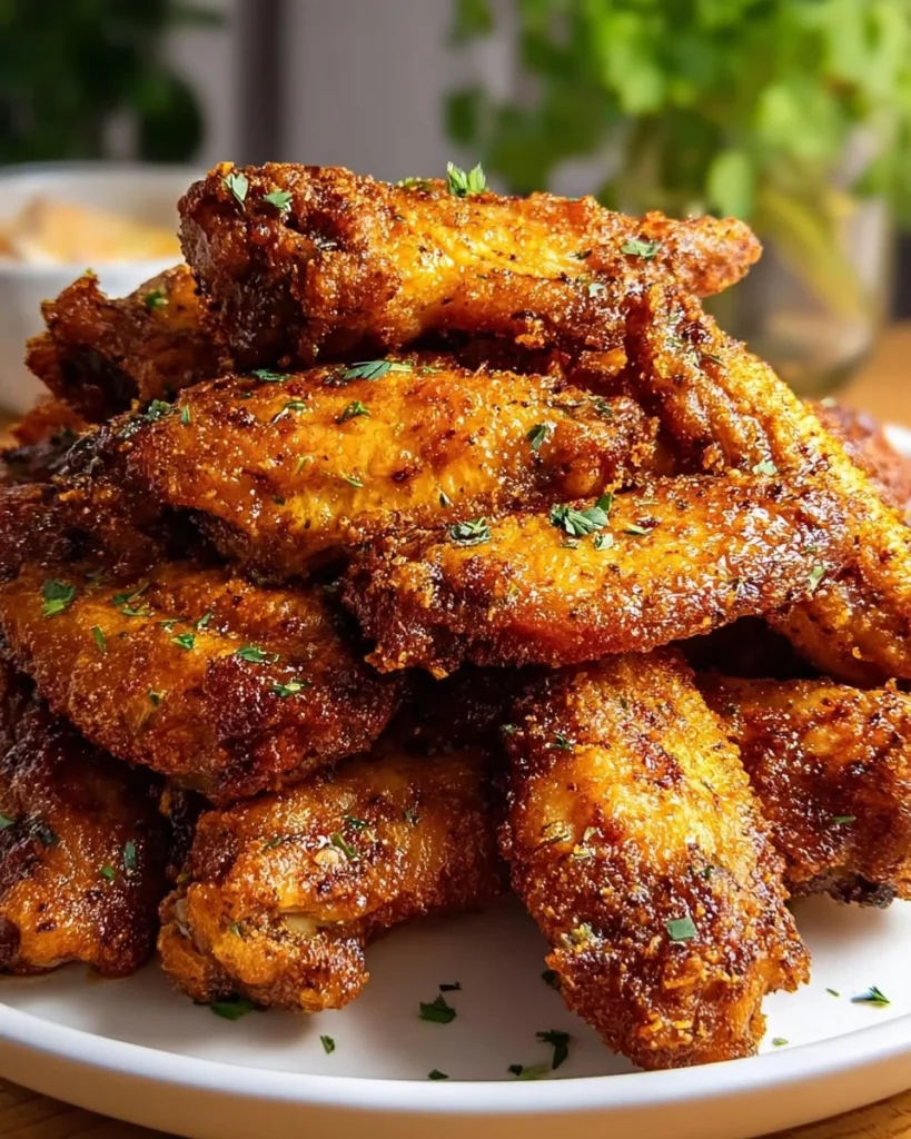 Plate of crispy baked chicken wings served with dipping sauce