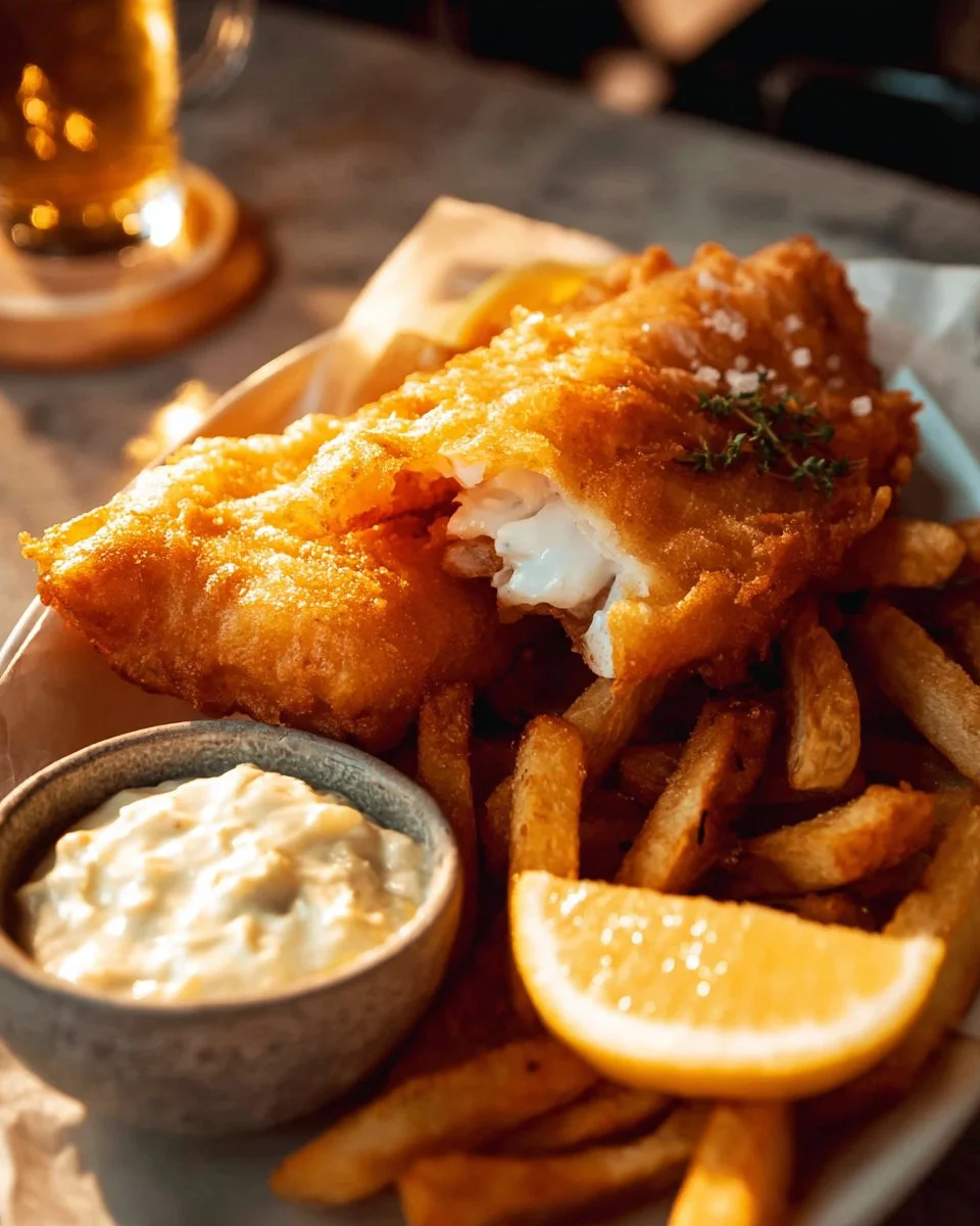 Crispy beer battered fish served with lemon and tartar sauce