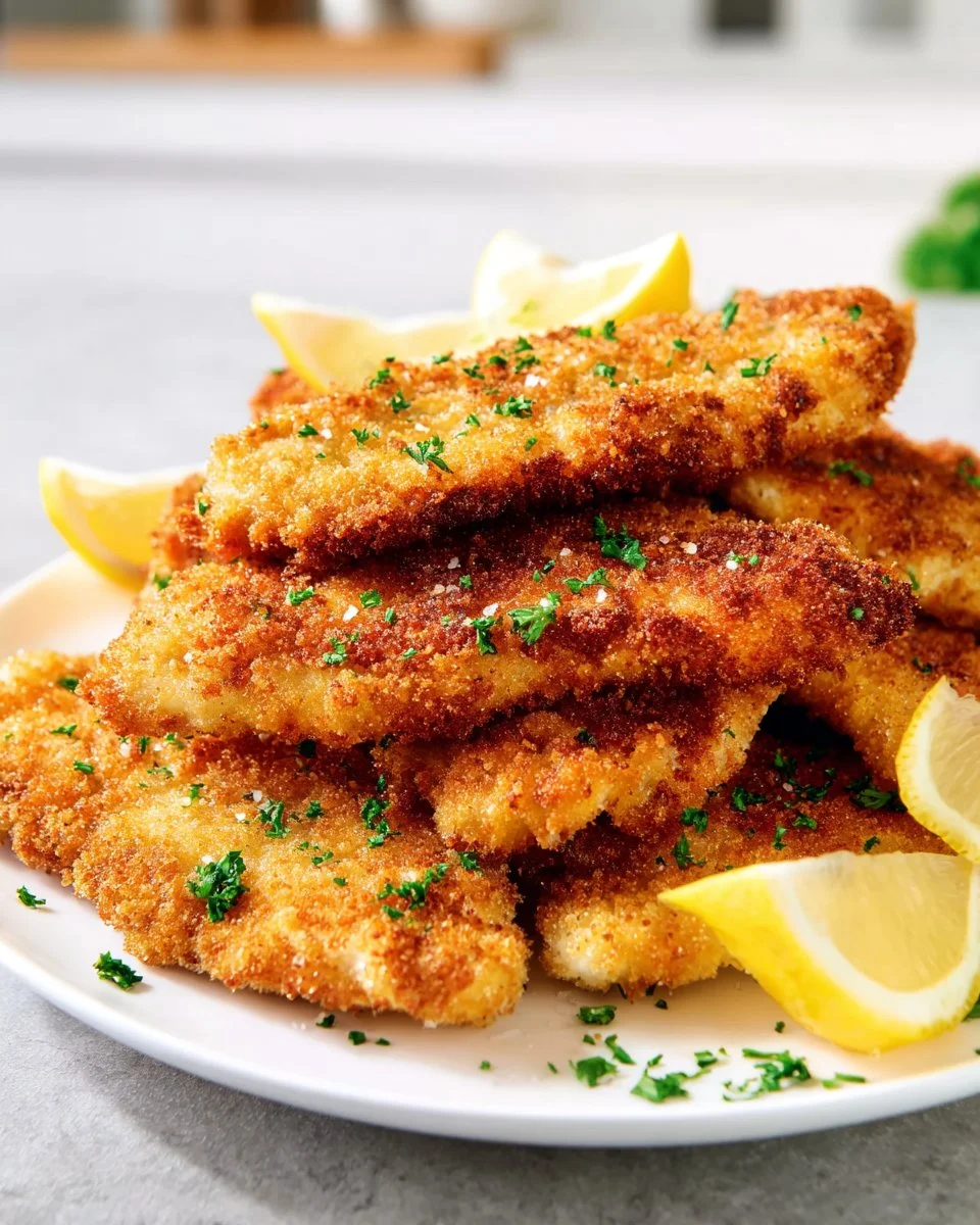 Crispy chicken schnitzel served with lemon and parsley garnish