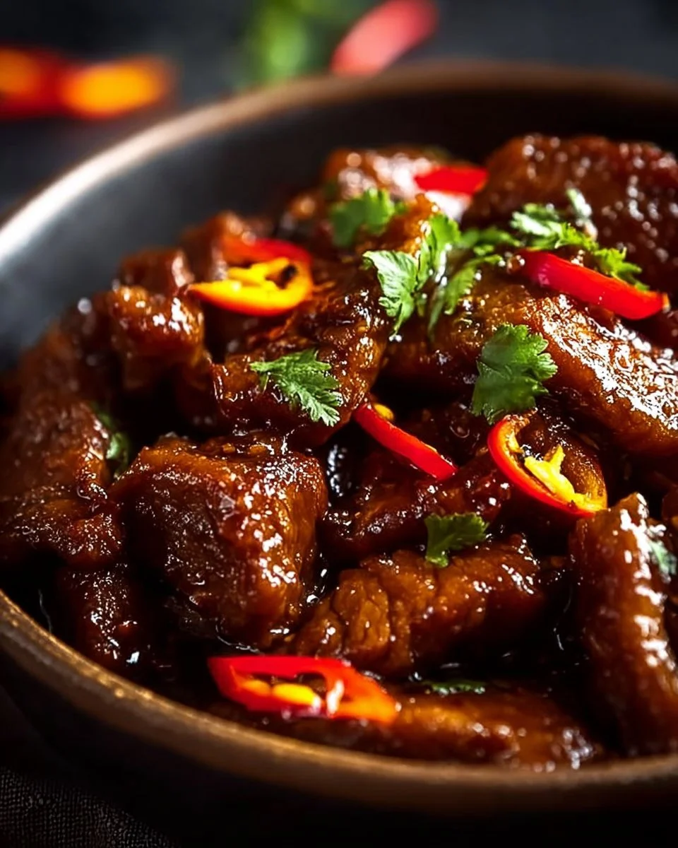 Plate of crispy chilli beef garnished with green onions