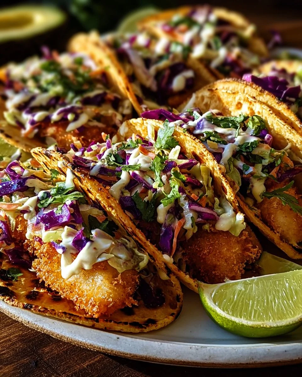 Crispy fish tacos topped with cilantro lime slaw on a plate