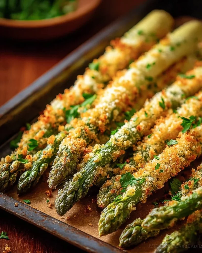 Crispy Parmesan Asparagus Sticks on a white plate with a golden crust