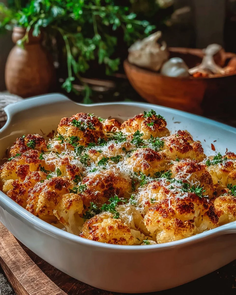 Crispy roasted cauliflower served with creamy herb sauce on a plate