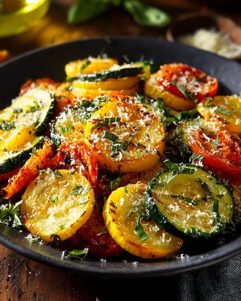 Crispy roasted zucchini, squash, and tomato served on a plate