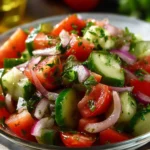 Cucumber Tomato Onion Salad in a bowl with fresh ingredients.