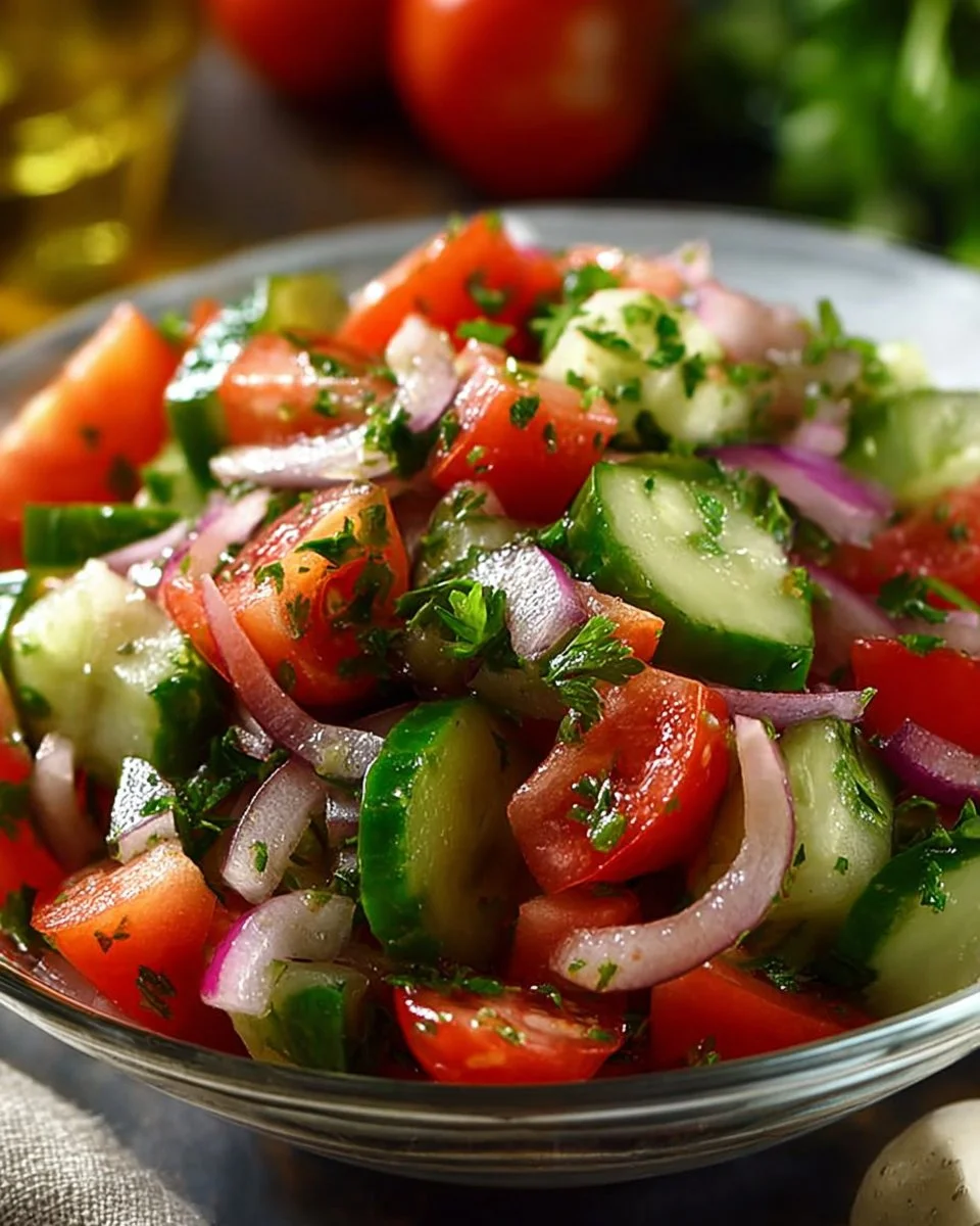 Cucumber Tomato Onion Salad in a bowl with fresh ingredients.