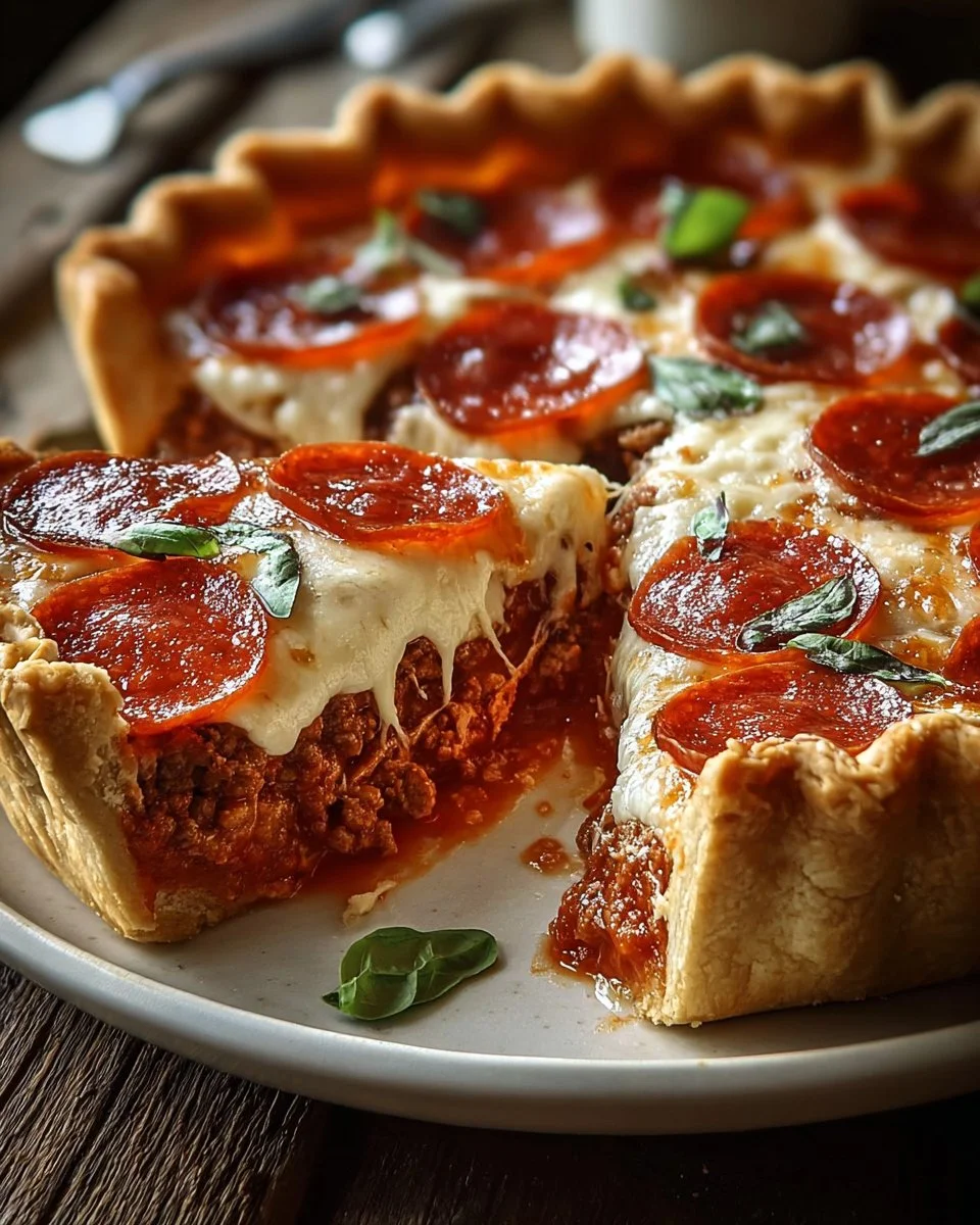 Delicious deep hamburger sausage pie served on a plate
