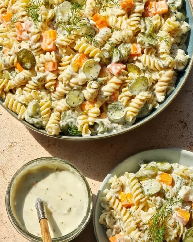 Delicious Dill Pickle Pasta Salad with fresh ingredients ready to serve