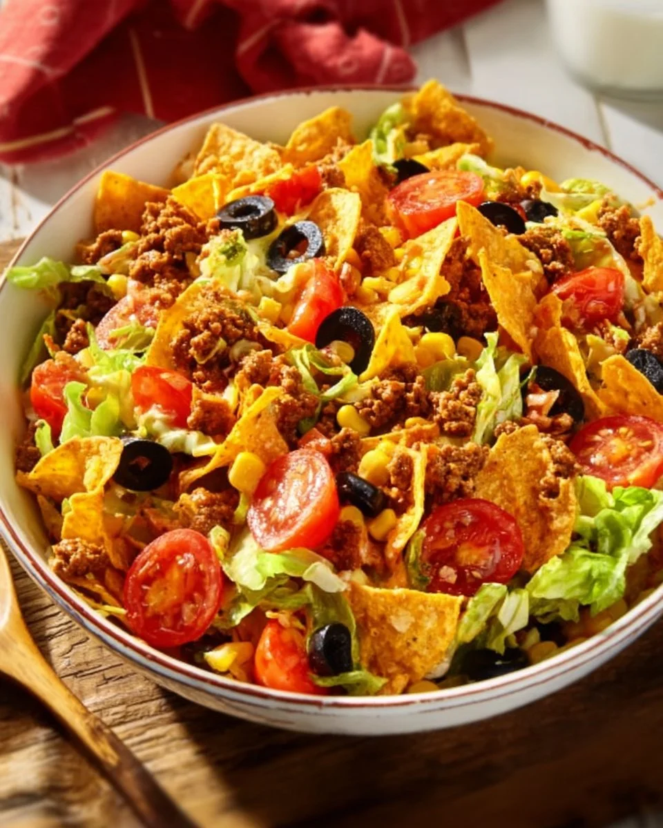 Delicious Doritos Taco Salad topped with fresh ingredients and crunchy chips.