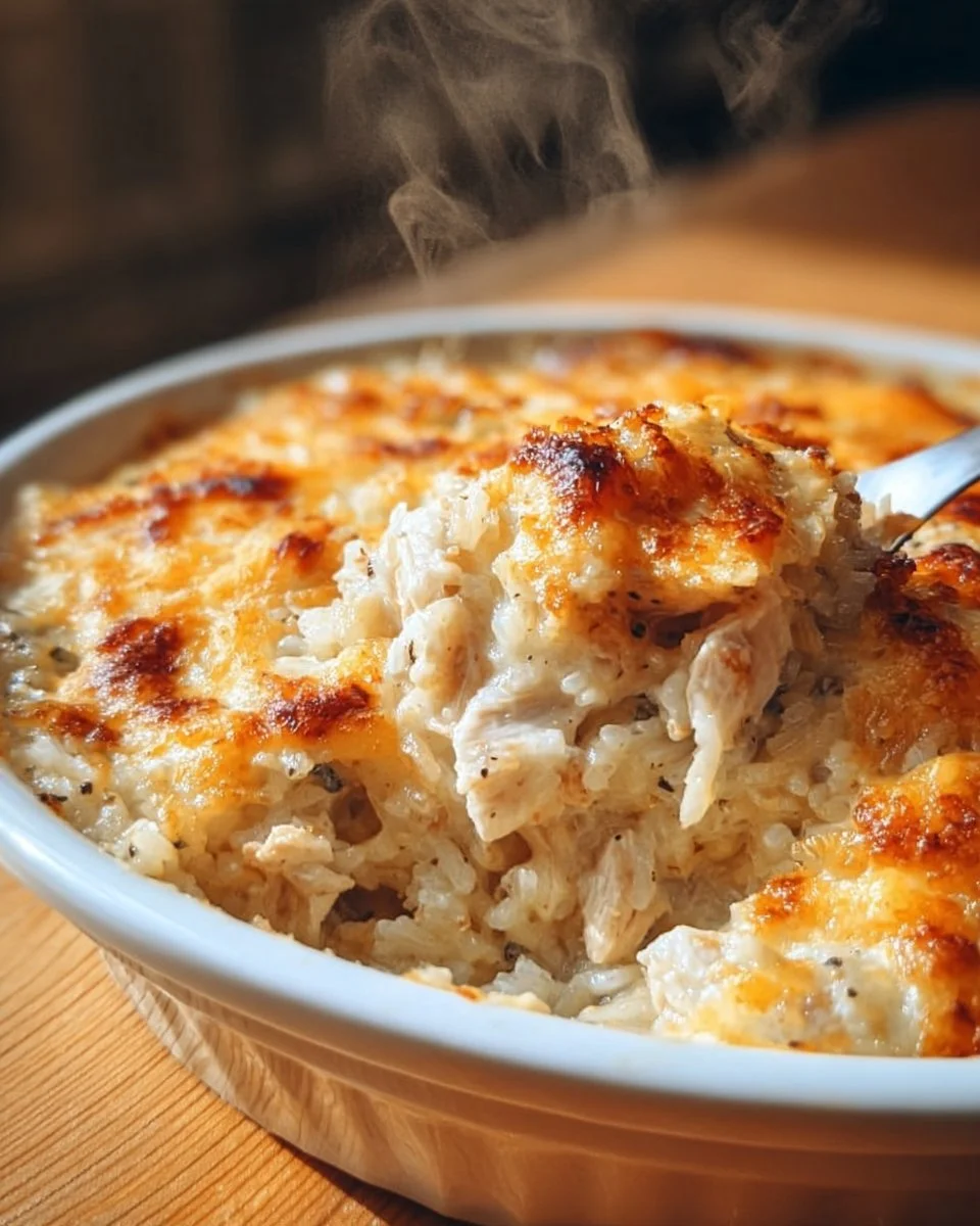 Delicious dump and bake chicken rice casserole served in a dish