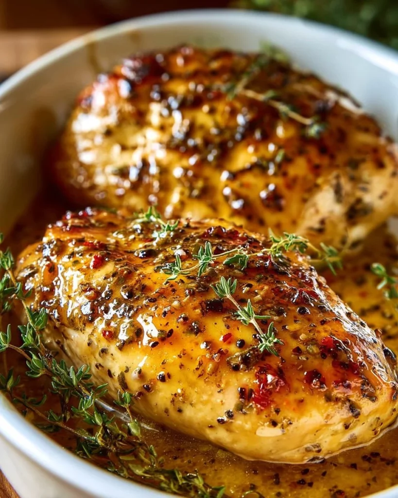 Easy Baked Honey Dijon Chicken garnished with herbs on a plate