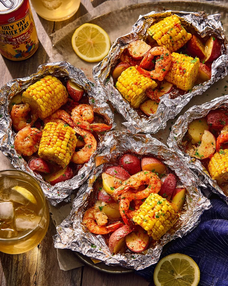 Easy Cajun shrimp boil foil packs with shrimp, potatoes, and corn ready to grill.