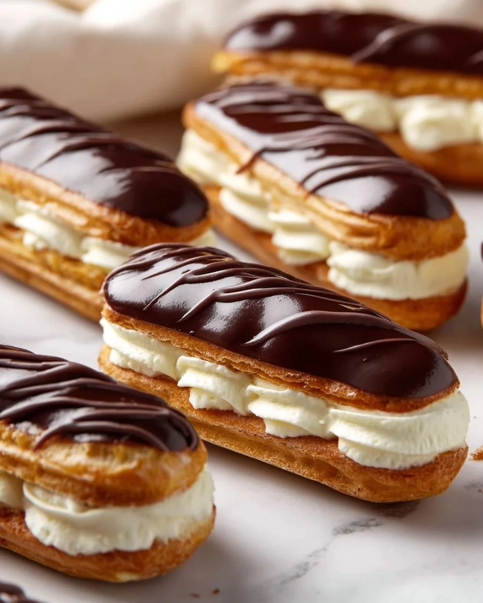 A beautifully plated selection of homemade eclairs filled with cream and topped with chocolate icing.