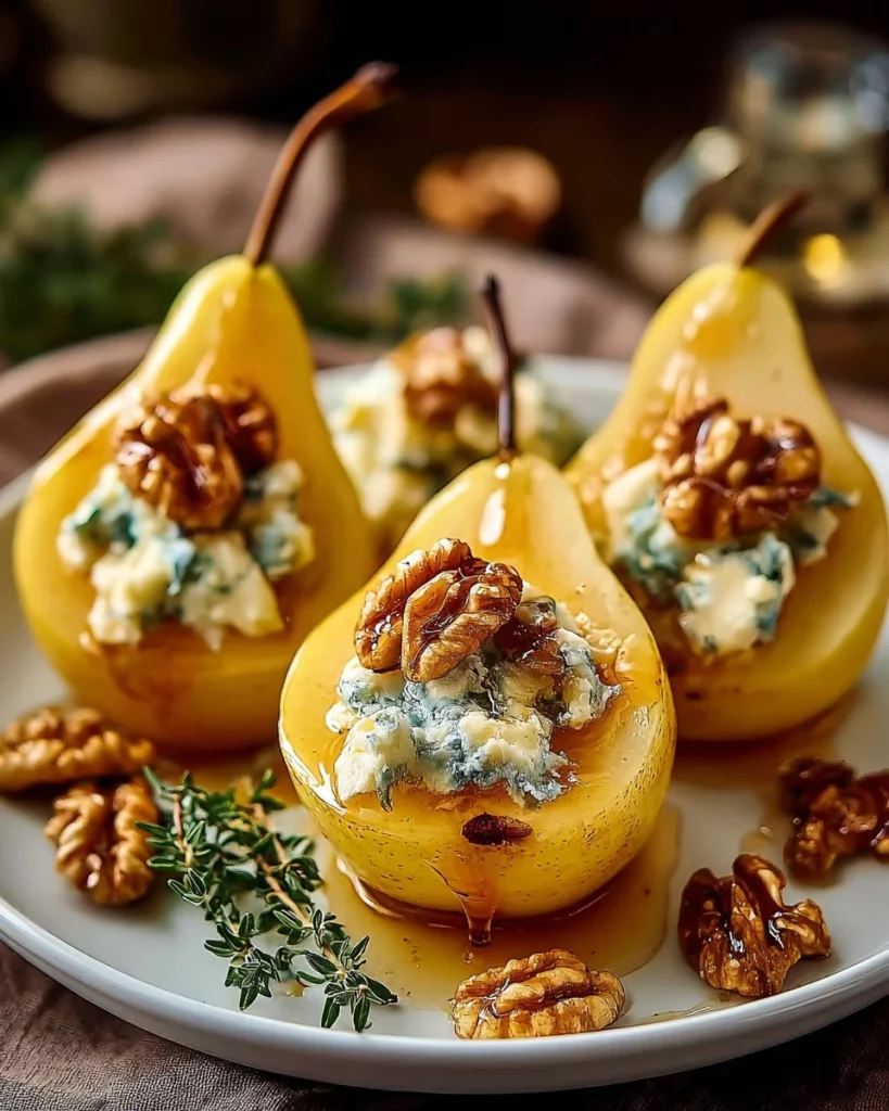 Elegant blue cheese stuffed pears served on a platter