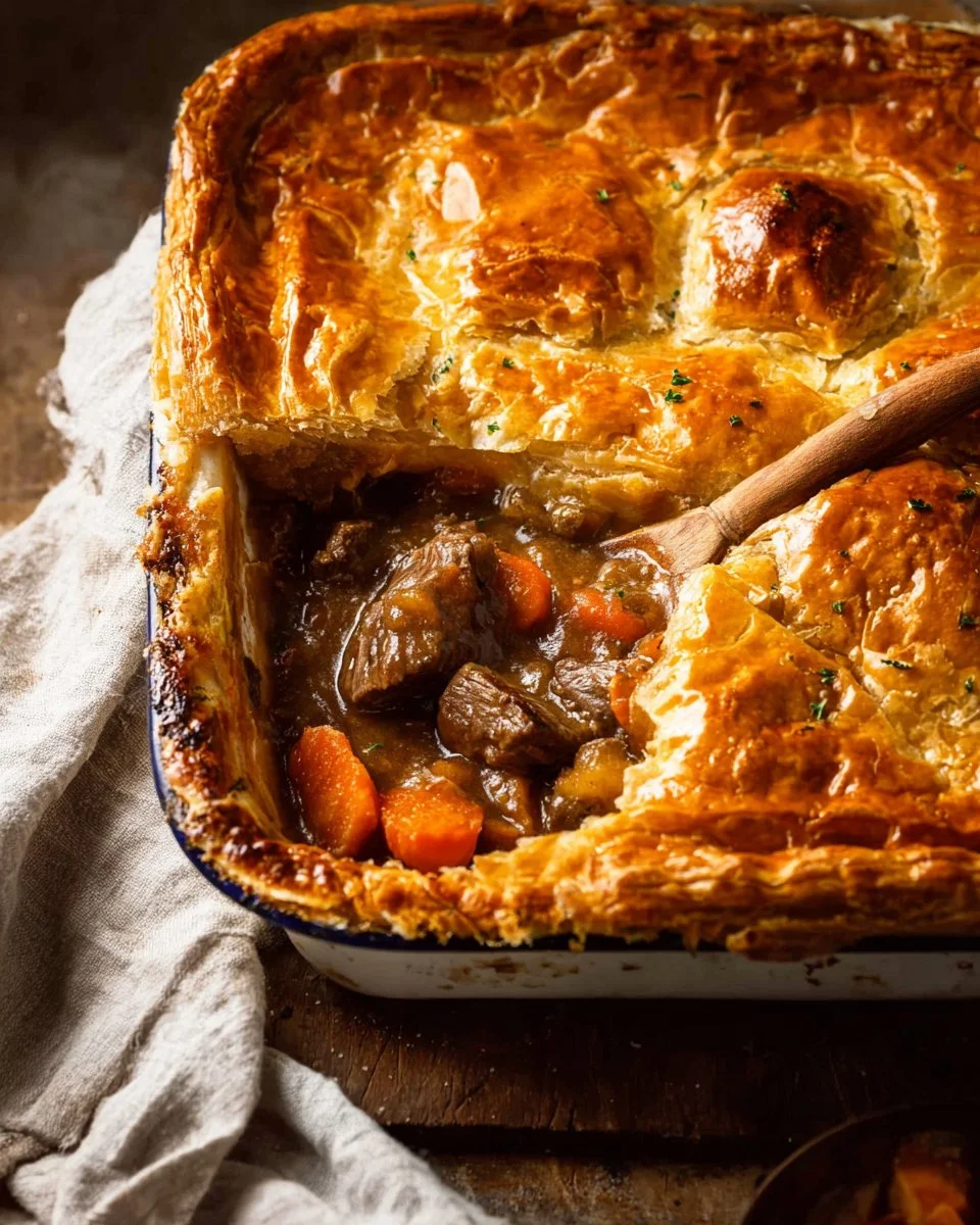 Epic Chunky Beef and Mushroom Pie served hot on a rustic table