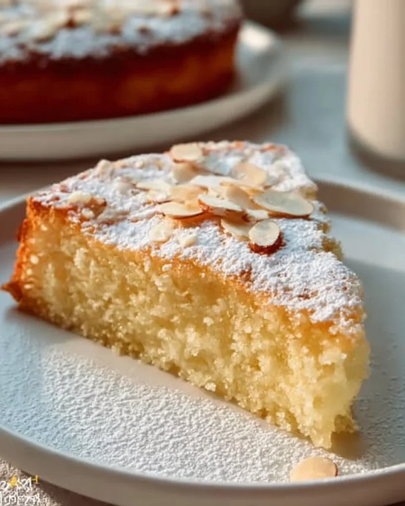 Flourless Coconut Greek Yogurt Cake topped with coconut flakes and fresh fruit