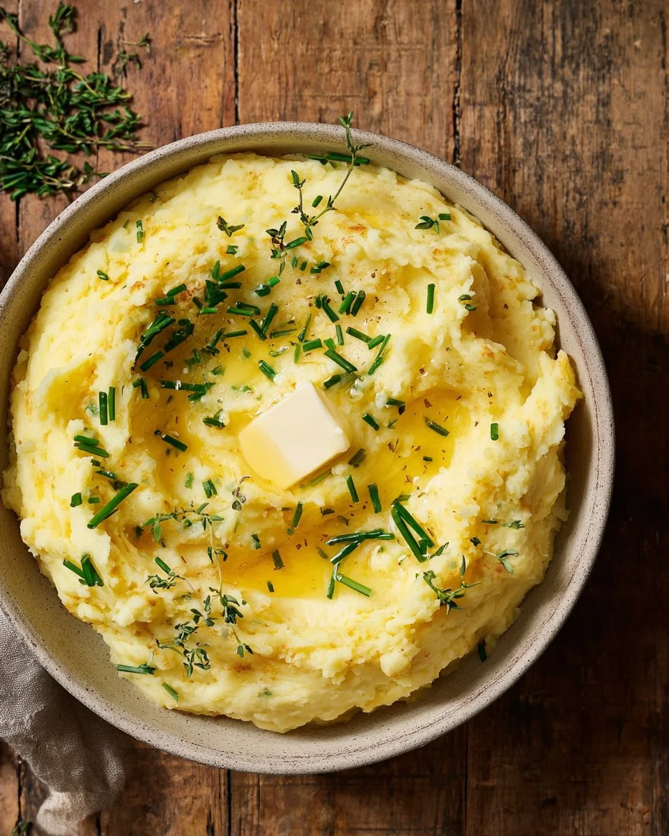 Fluffy Parmesan mashed potatoes served in a bowl with herbs on top