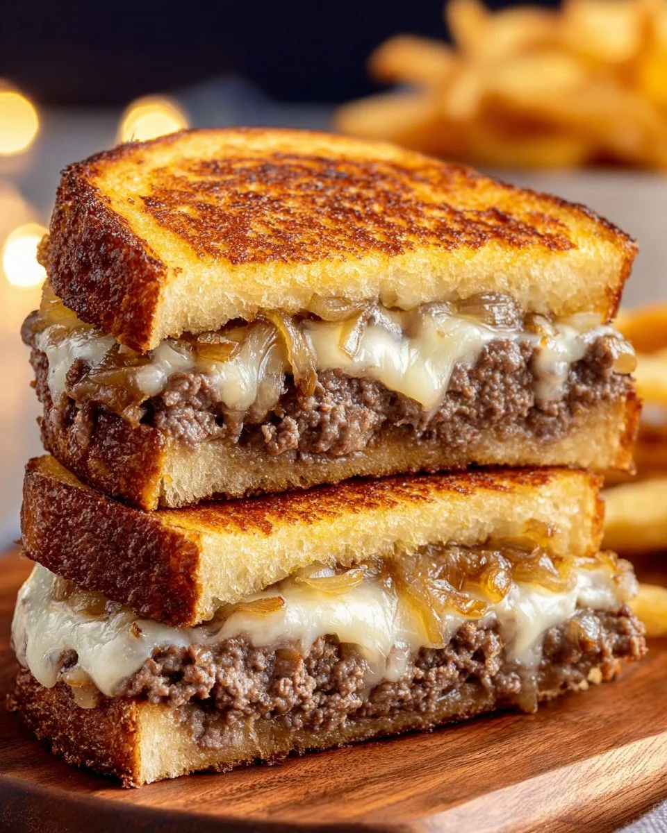 Delicious French Onion Patty Melt with beef, melted cheese, and caramelized onions