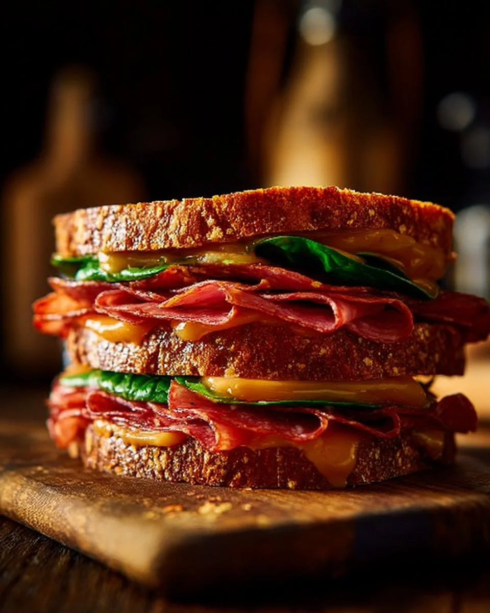 Fried bologna sandwich with gourmet toppings and sides