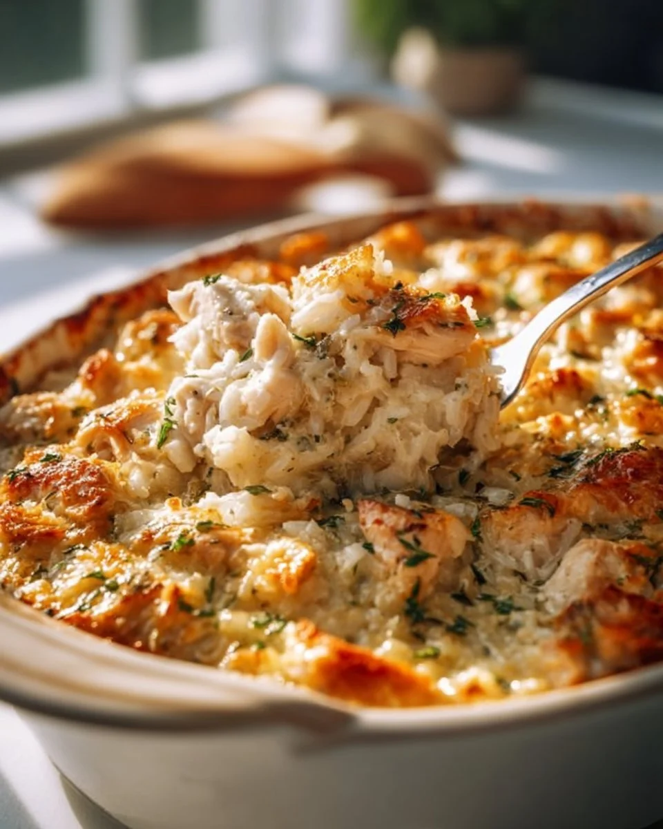 Friendly chicken and rice casserole baked with tender chicken and flavorful rice