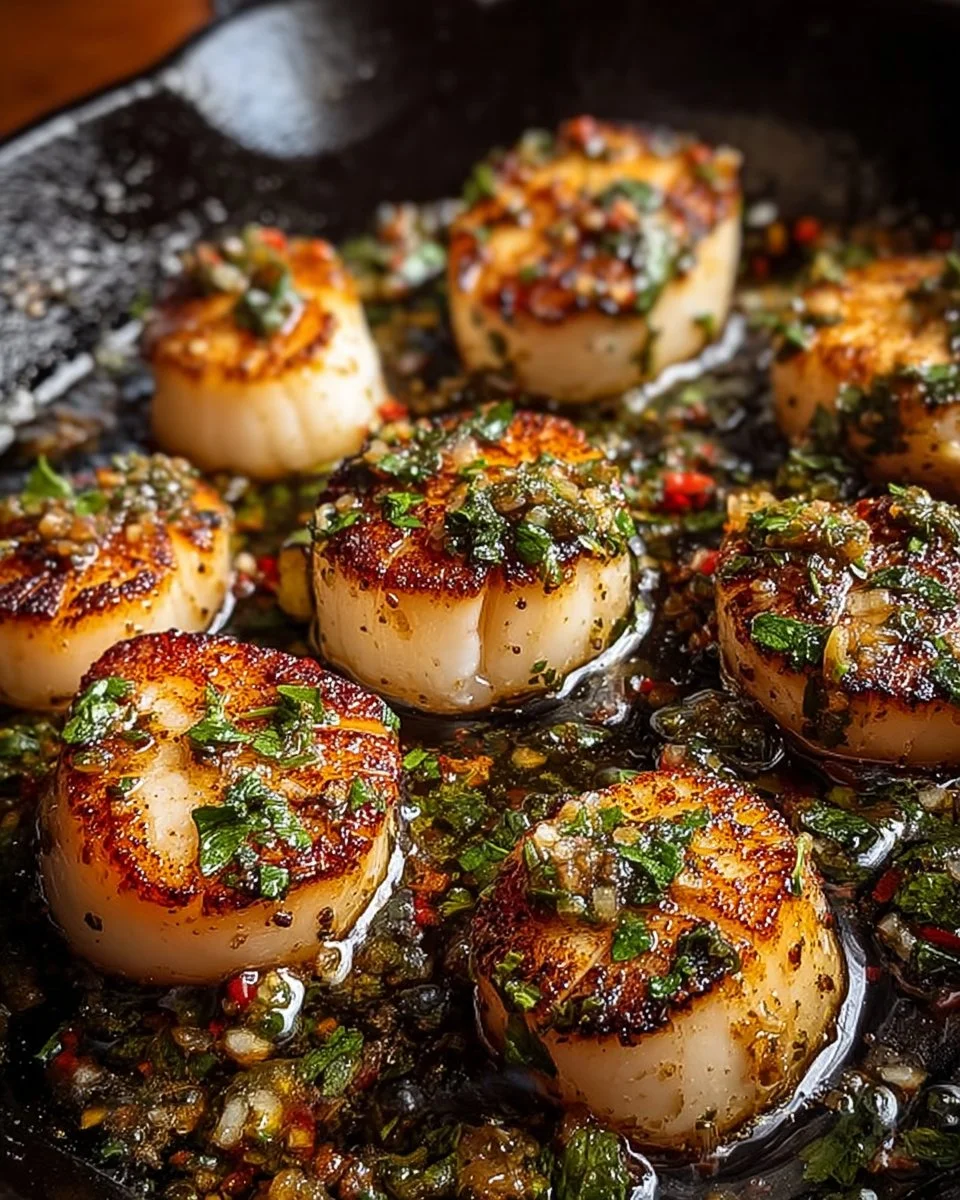 Delicious Garlic Butter Scallops served on a plate with herbs and lemon