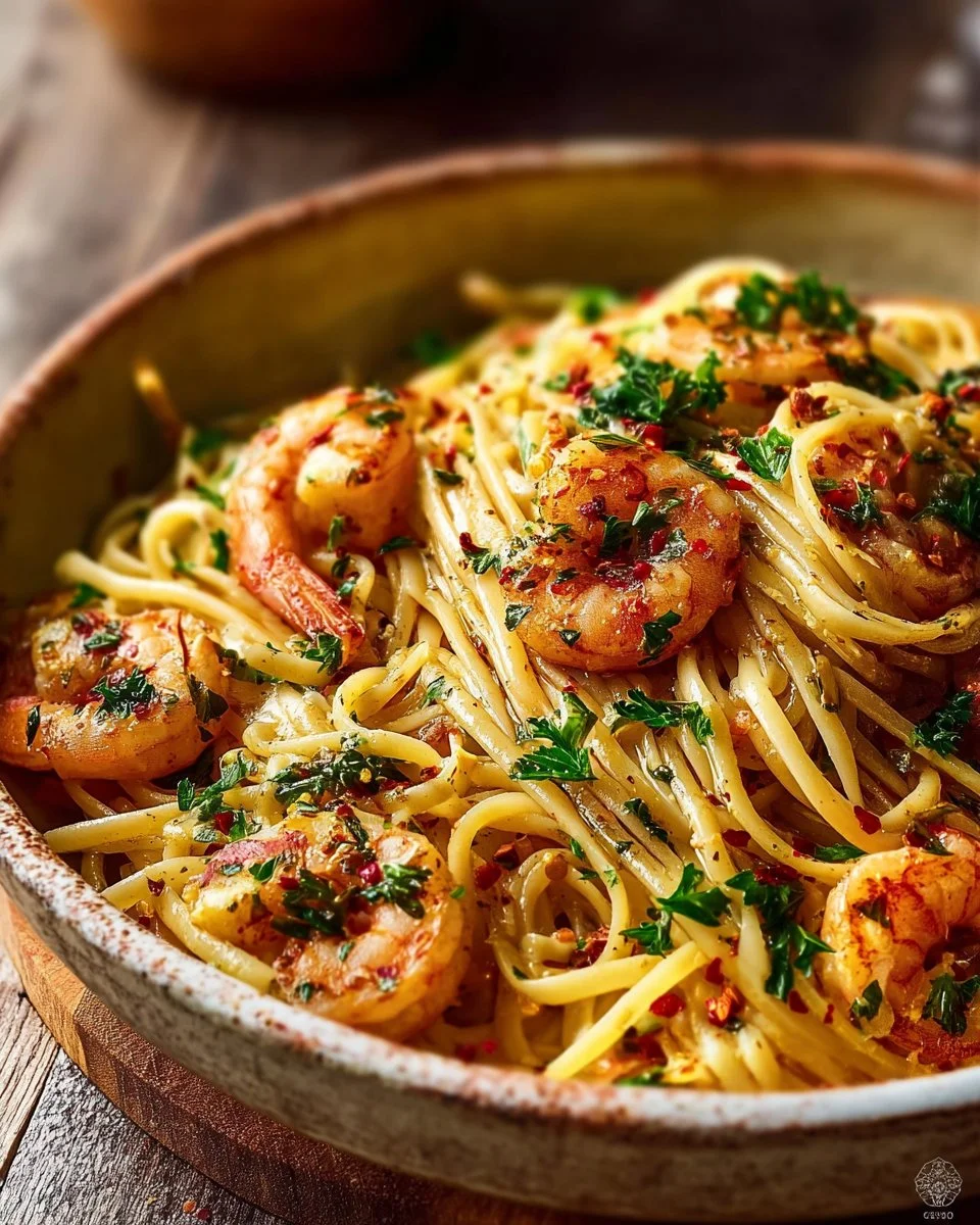 Delicious Garlic Butter Shrimp Pasta garnished with parsley in a bowl