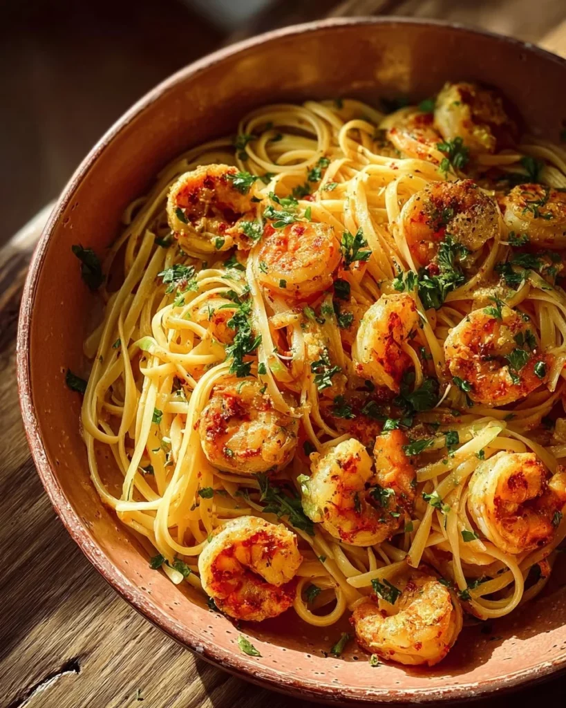 Delicious Garlic Butter Shrimp Pasta served in a bowl with fresh herbs