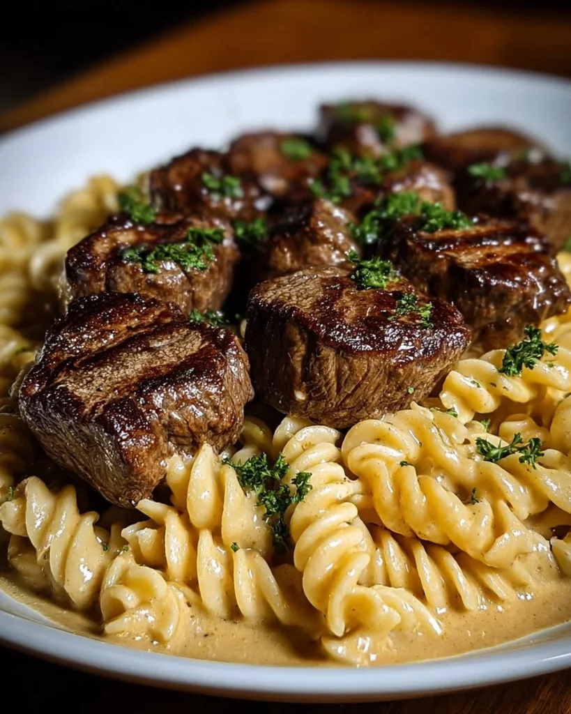 Plate of Garlic Butter Steak Cajun Pasta garnished with fresh herbs