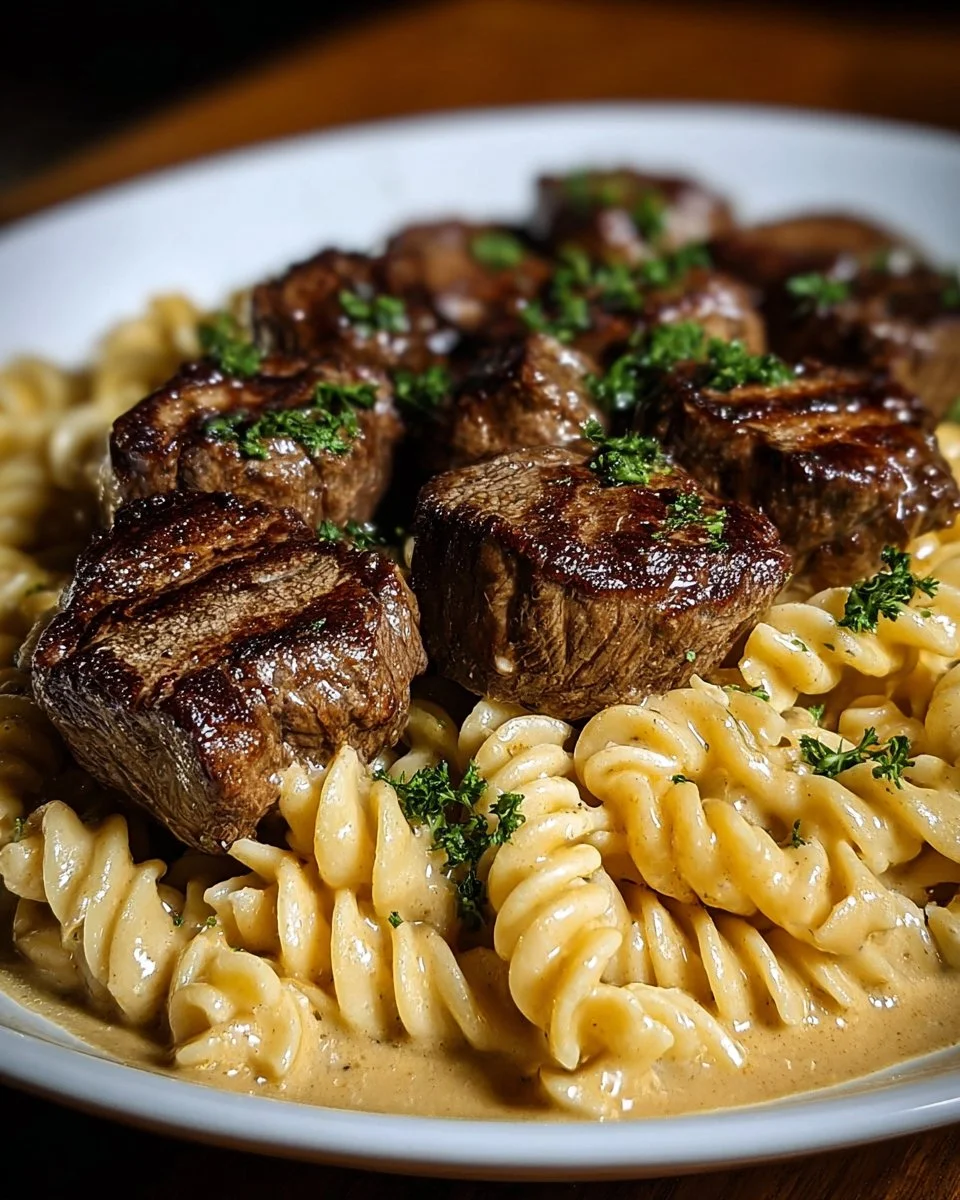 Plate of Garlic Butter Steak Cajun Pasta garnished with fresh herbs