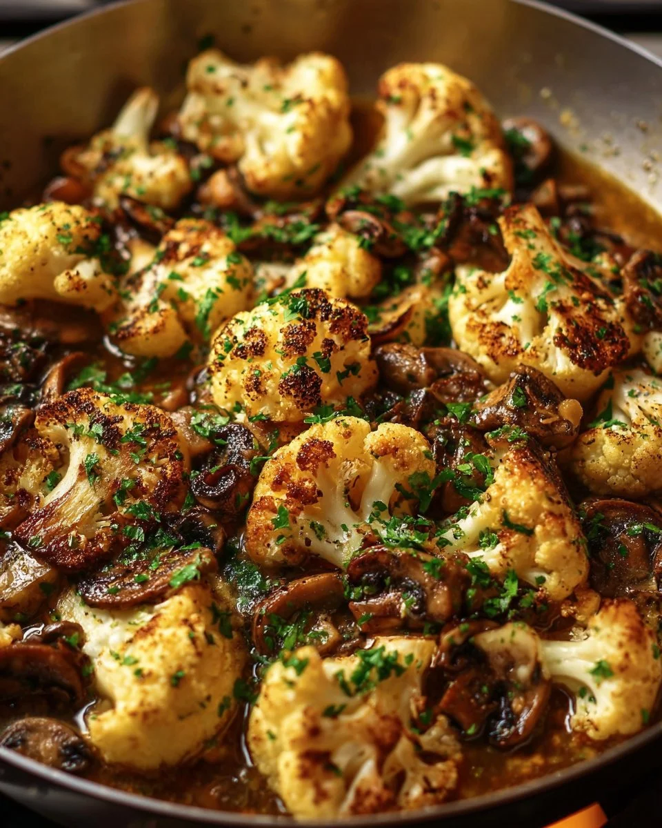 Dish of Garlic Cauliflower and Mushrooms garnished and served hot