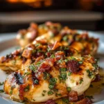 Garlic mozzarella-stuffed grilled chicken with crispy bacon on a plate