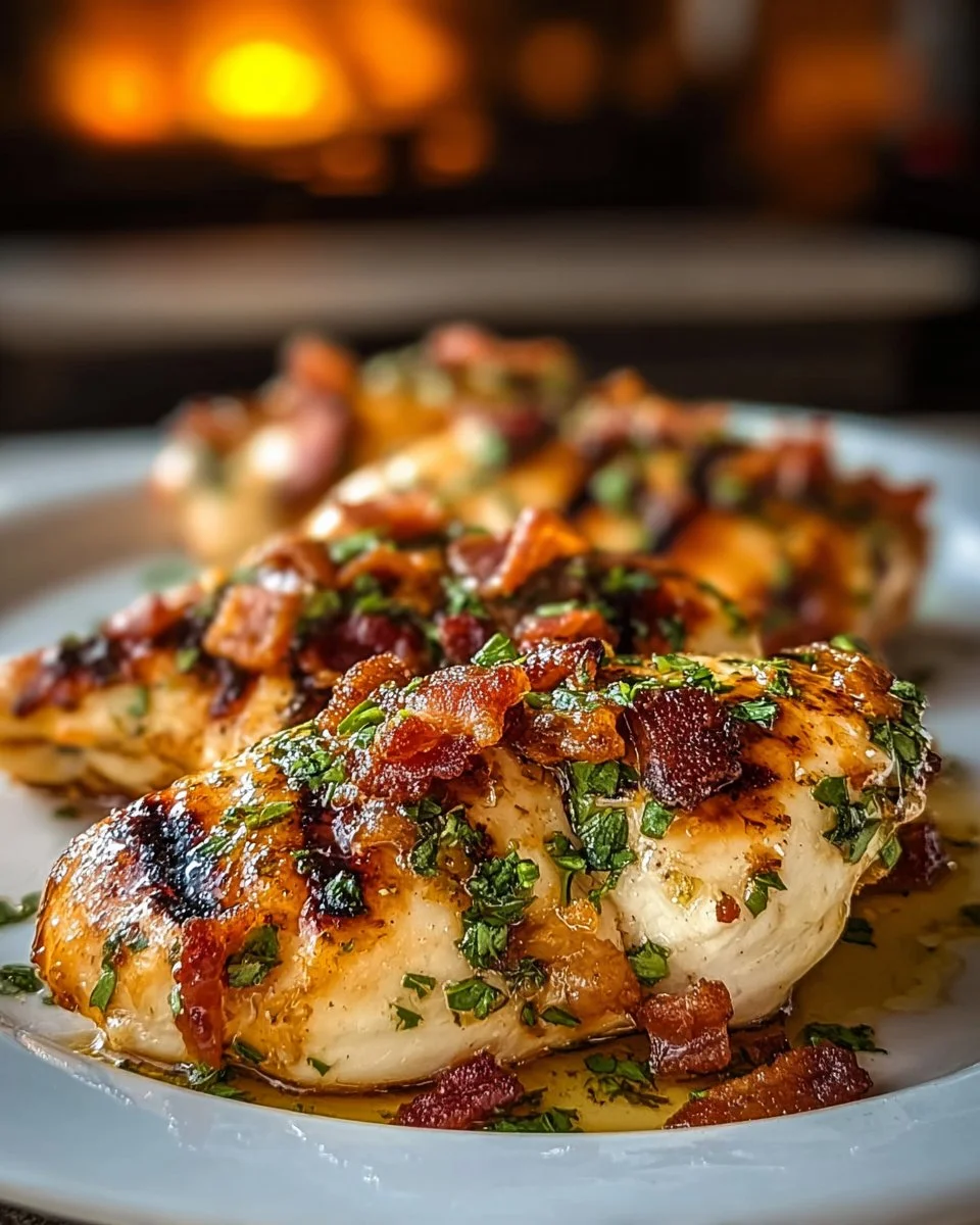 Garlic mozzarella-stuffed grilled chicken with crispy bacon on a plate