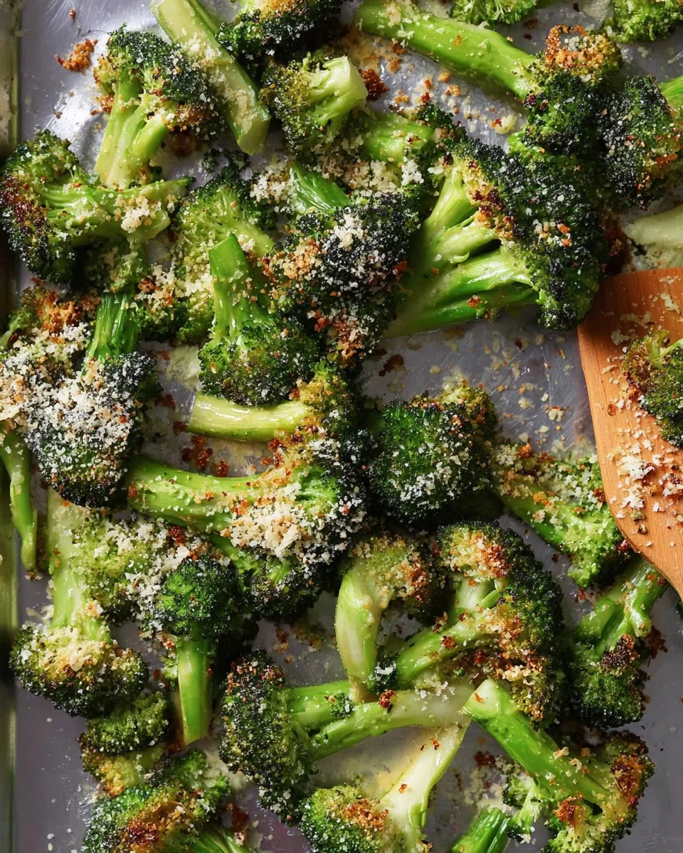 Delicious Garlic Parmesan Roasted Broccoli on a plate