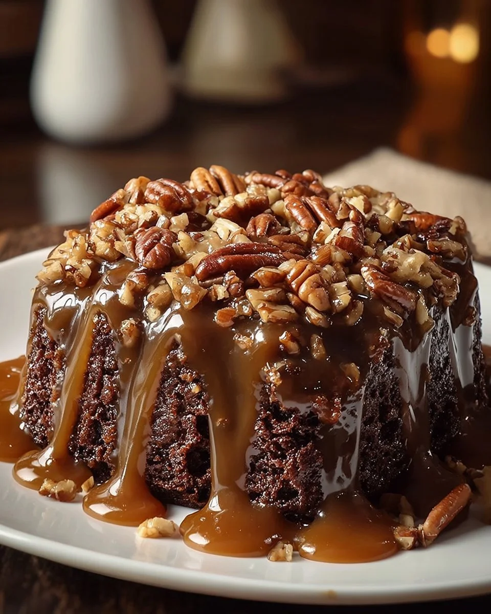 Delicious German Chocolate Poke Cake with coconut pecan frosting