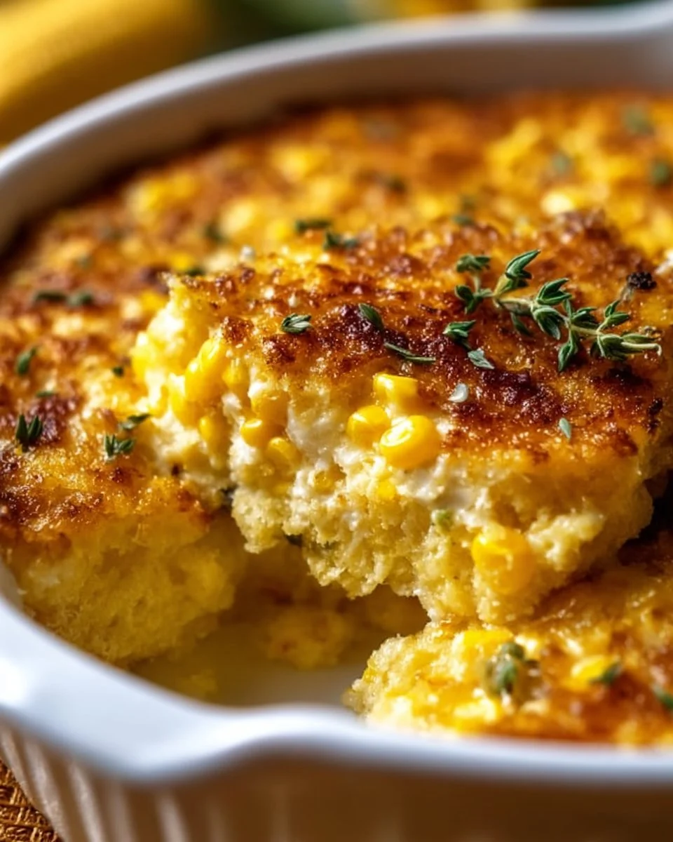 Grandma's scalloped corn dish served in a rustic bowl on a wooden table