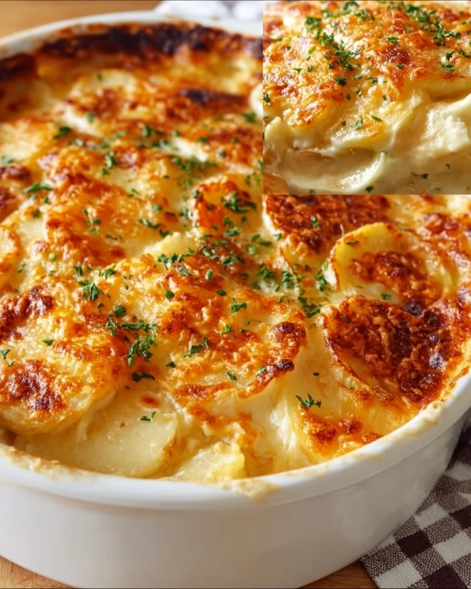Deliciously baked gratin potatoes topped with cheese and herbs.