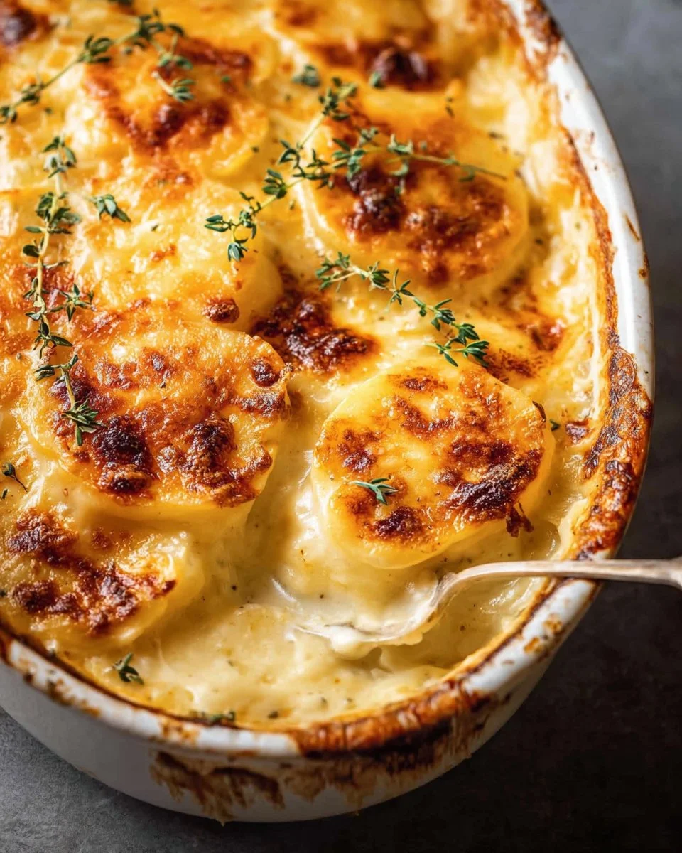 Creamy gratin potatoes dauphinoise baked to golden perfection