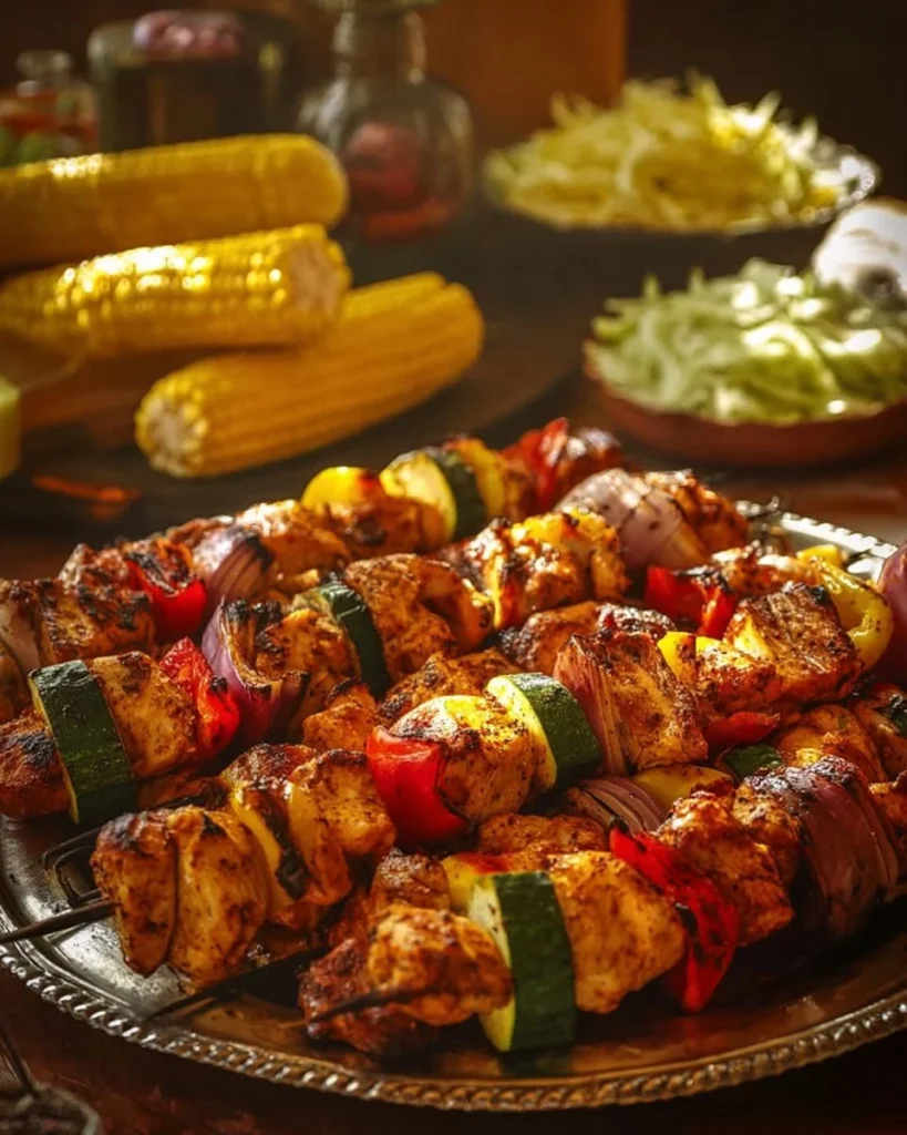 Delicious grilled chicken kebabs on a plate garnished with fresh vegetables.