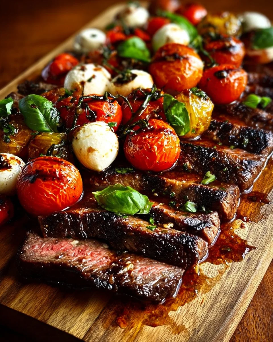 Grilled flank steak topped with balsamic reduction and fresh Caprese ingredients
