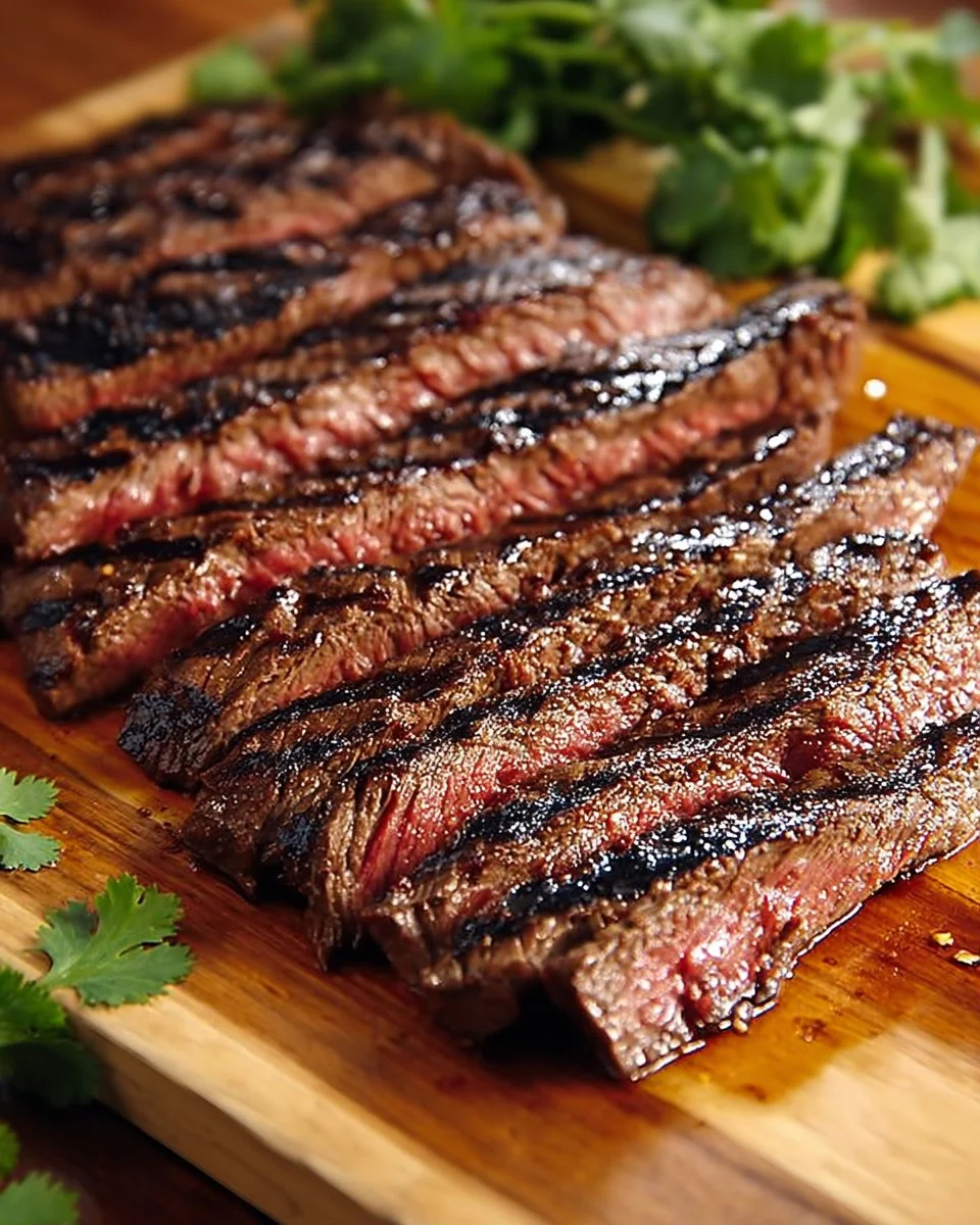 Delicious grilled Carne Asada steak served with fresh garnishes.