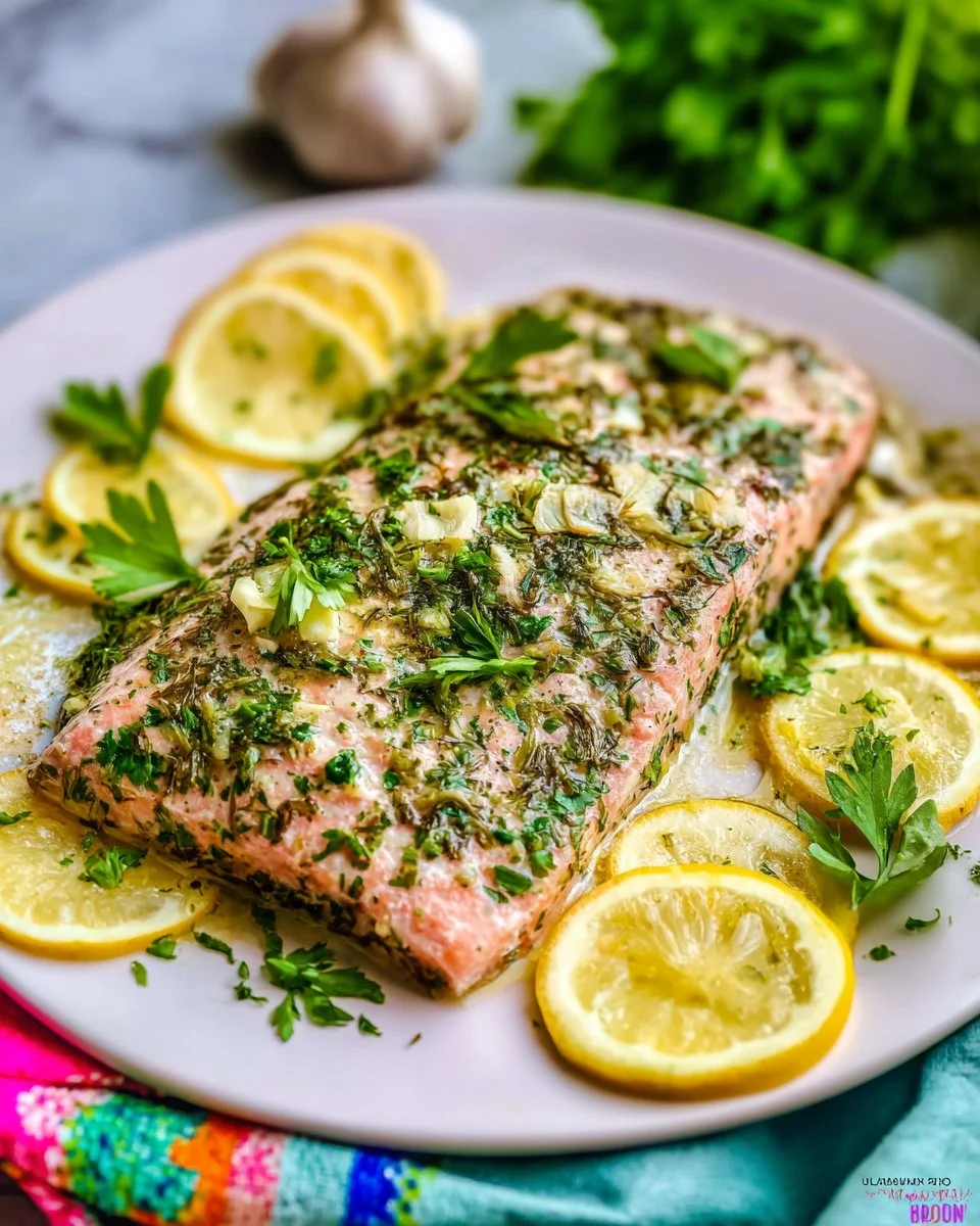 Grilled salmon with lemon and herbs served on a plate