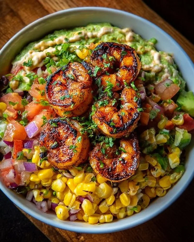 Grilled shrimp served with avocado corn salsa on a plate
