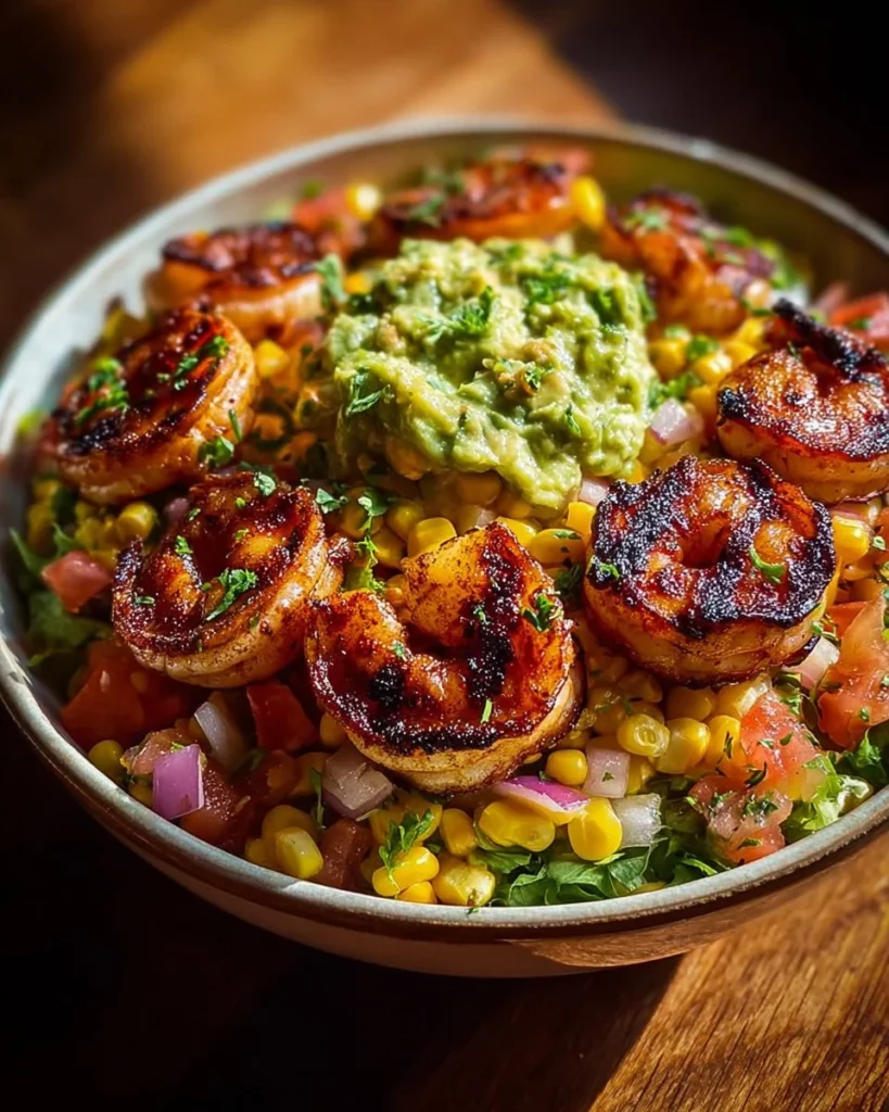Delicious grilled shrimp served with avocado corn salsa.
