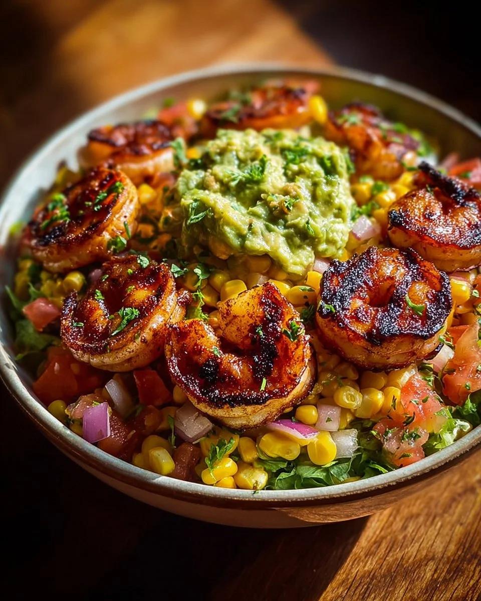 Delicious grilled shrimp served with avocado corn salsa.